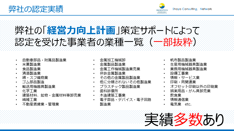 弊社の経営力向上計画策定サポートによって認定を受けた事業者の業種一覧